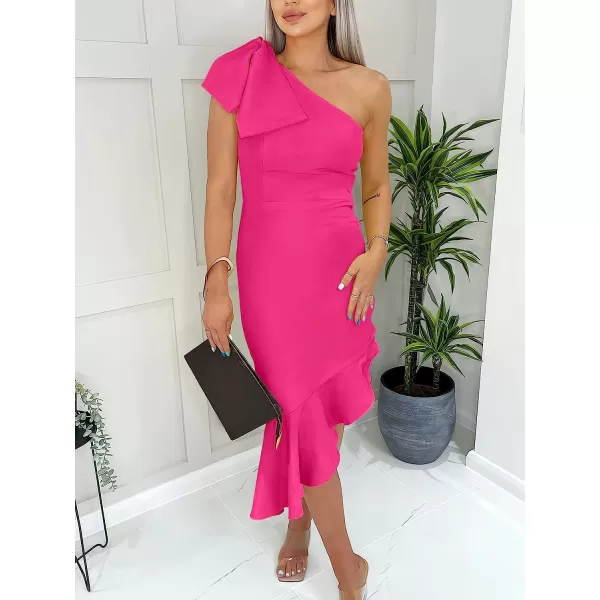 imageANRABESS Womens One Shoulder Formal Midi Dresses Sleeveless Bodycon Mermaid Ruffle Cocktail Wedding Guest DressRose