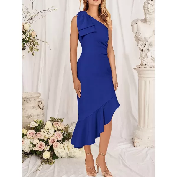 imageANRABESS Womens One Shoulder Formal Midi Dresses Sleeveless Bodycon Mermaid Ruffle Cocktail Wedding Guest DressRoyal Blue