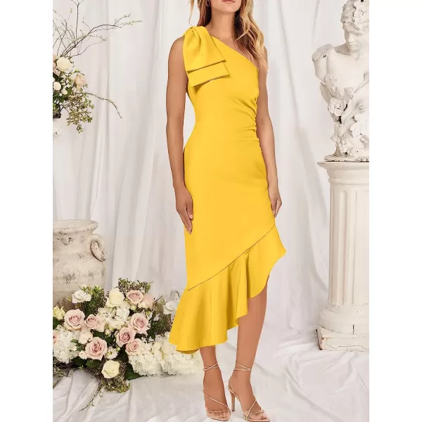imageANRABESS Womens One Shoulder Formal Midi Dresses Sleeveless Bodycon Mermaid Ruffle Cocktail Wedding Guest DressYellow