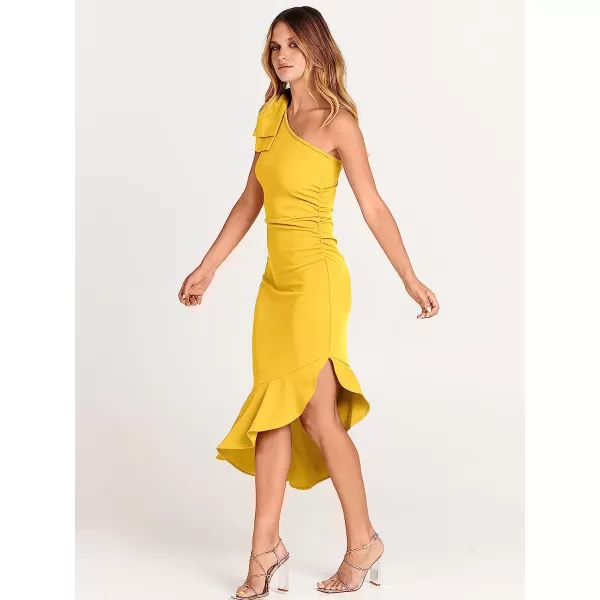 imageANRABESS Womens One Shoulder Formal Midi Dresses Sleeveless Bodycon Mermaid Ruffle Cocktail Wedding Guest DressYellow
