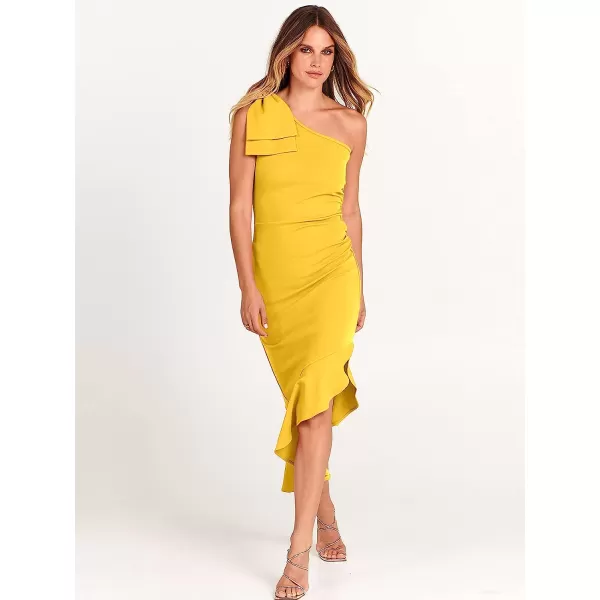 imageANRABESS Womens One Shoulder Formal Midi Dresses Sleeveless Bodycon Mermaid Ruffle Cocktail Wedding Guest DressYellow