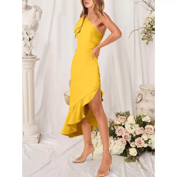 imageANRABESS Womens One Shoulder Formal Midi Dresses Sleeveless Bodycon Mermaid Ruffle Cocktail Wedding Guest DressYellow