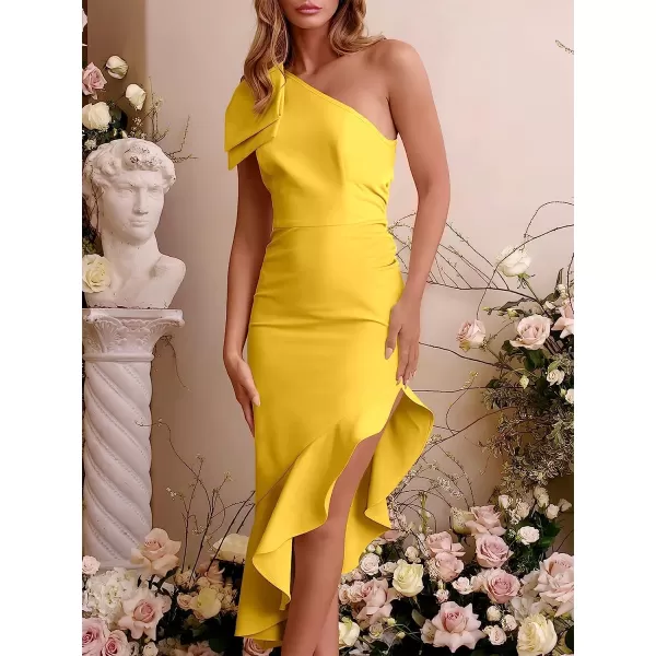 imageANRABESS Womens One Shoulder Formal Midi Dresses Sleeveless Bodycon Mermaid Ruffle Cocktail Wedding Guest DressYellow