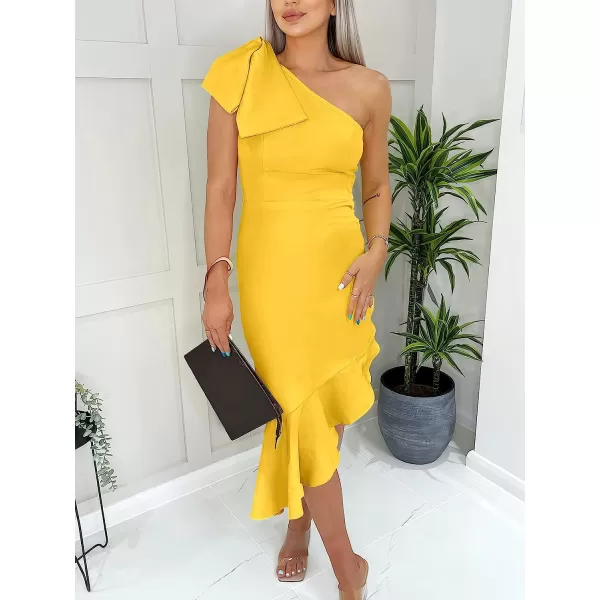 imageANRABESS Womens One Shoulder Formal Midi Dresses Sleeveless Bodycon Mermaid Ruffle Cocktail Wedding Guest DressYellow