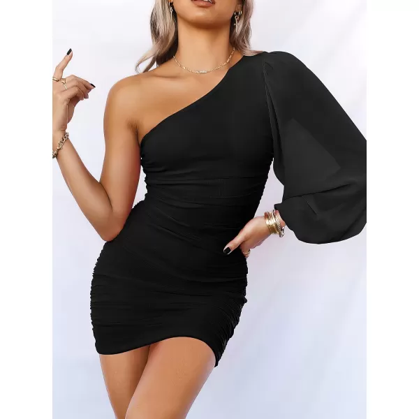 imageANRABESS Womens One Shoulder Ruched Bodycon Mini Dress Puff Long Sleeve Sexy Cocktail Party Short DressBlack