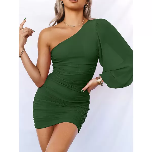imageANRABESS Womens One Shoulder Ruched Bodycon Mini Dress Puff Long Sleeve Sexy Cocktail Party Short DressDeep Green