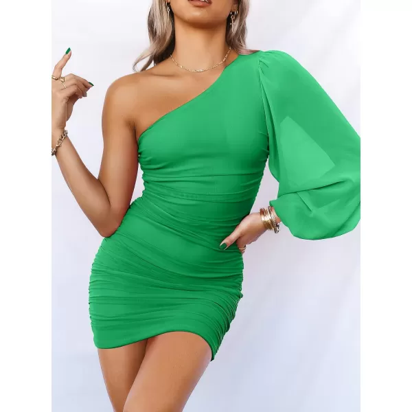 imageANRABESS Womens One Shoulder Ruched Bodycon Mini Dress Puff Long Sleeve Sexy Cocktail Party Short DressForest