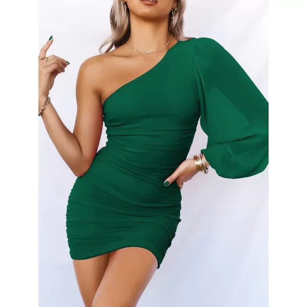 imageANRABESS Womens One Shoulder Ruched Bodycon Mini Dress Puff Long Sleeve Sexy Cocktail Party Short DressGreen