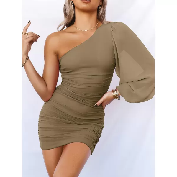 imageANRABESS Womens One Shoulder Ruched Bodycon Mini Dress Puff Long Sleeve Sexy Cocktail Party Short DressKhaki