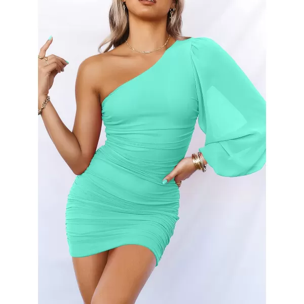 imageANRABESS Womens One Shoulder Ruched Bodycon Mini Dress Puff Long Sleeve Sexy Cocktail Party Short DressLake