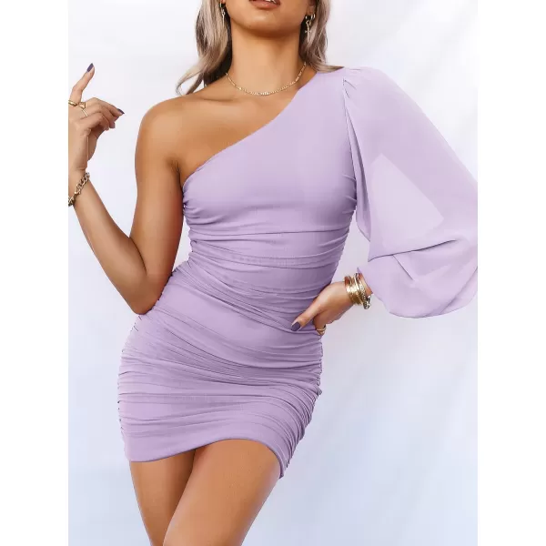 imageANRABESS Womens One Shoulder Ruched Bodycon Mini Dress Puff Long Sleeve Sexy Cocktail Party Short DressLight Purple