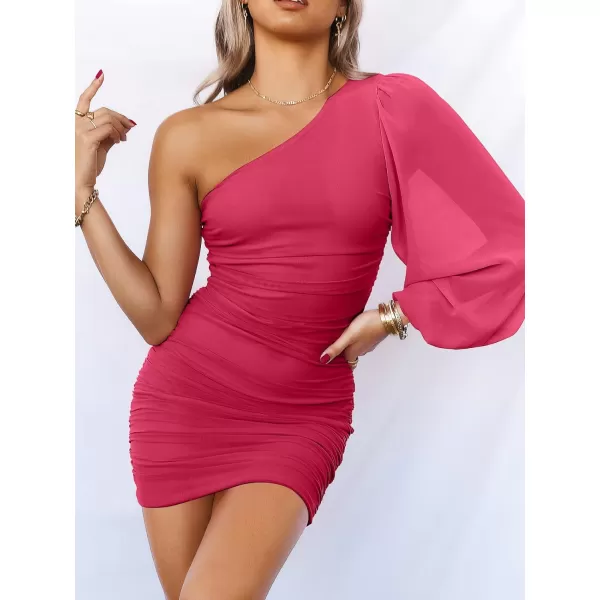 imageANRABESS Womens One Shoulder Ruched Bodycon Mini Dress Puff Long Sleeve Sexy Cocktail Party Short DressPeach