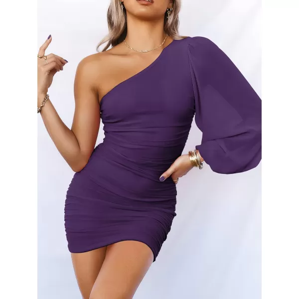 imageANRABESS Womens One Shoulder Ruched Bodycon Mini Dress Puff Long Sleeve Sexy Cocktail Party Short DressPurple