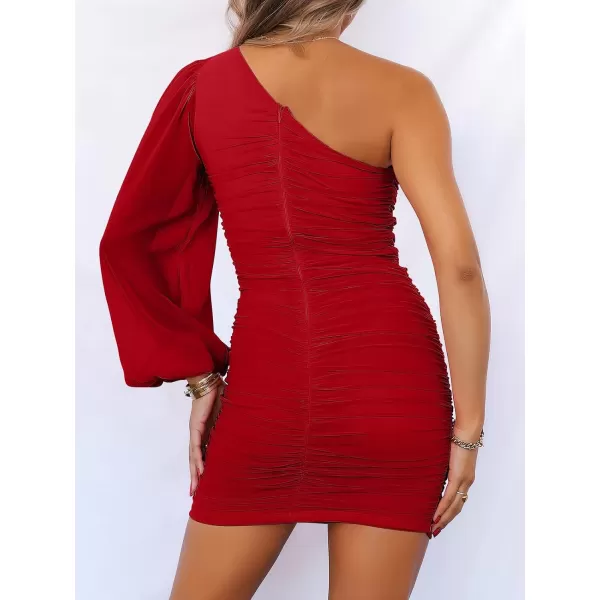 imageANRABESS Womens One Shoulder Ruched Bodycon Mini Dress Puff Long Sleeve Sexy Cocktail Party Short DressRed