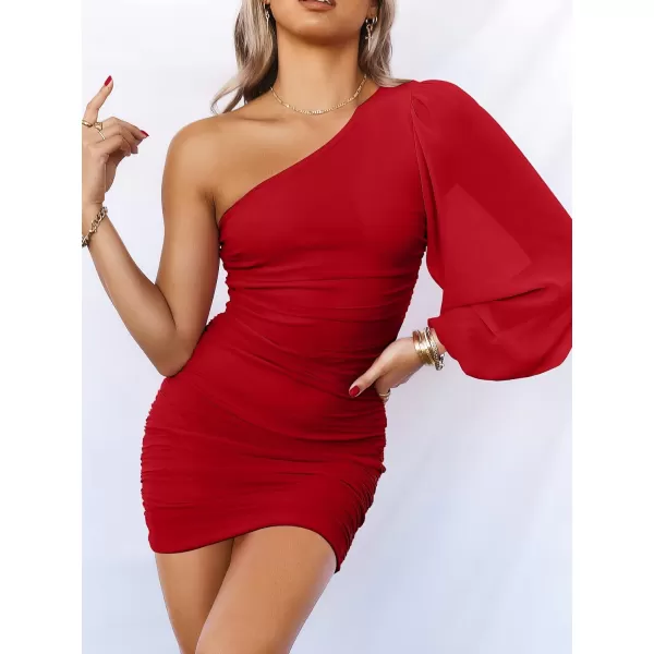 imageANRABESS Womens One Shoulder Ruched Bodycon Mini Dress Puff Long Sleeve Sexy Cocktail Party Short DressRed