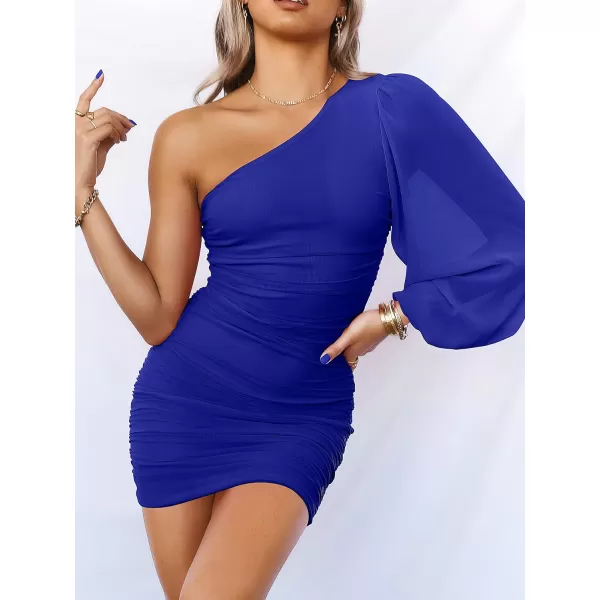 imageANRABESS Womens One Shoulder Ruched Bodycon Mini Dress Puff Long Sleeve Sexy Cocktail Party Short DressRoyal Blue