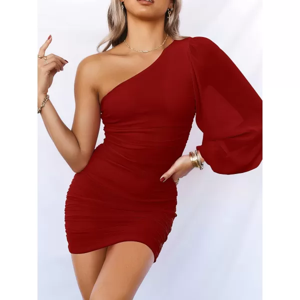 imageANRABESS Womens One Shoulder Ruched Bodycon Mini Dress Puff Long Sleeve Sexy Cocktail Party Short DressWine Red
