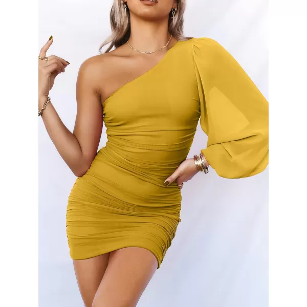 imageANRABESS Womens One Shoulder Ruched Bodycon Mini Dress Puff Long Sleeve Sexy Cocktail Party Short DressYellow