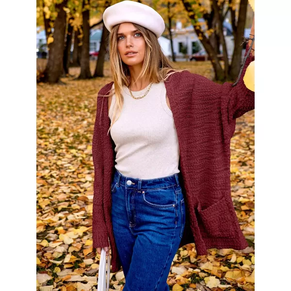 imageANRABESS Womens Open Front Fuzzy Cardigan Sweaters Batwing Sleeve Lightweight Oversized Loose Knit Sweater with PocketsWine Red