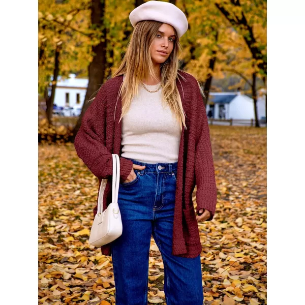 imageANRABESS Womens Open Front Fuzzy Cardigan Sweaters Batwing Sleeve Lightweight Oversized Loose Knit Sweater with PocketsWine Red