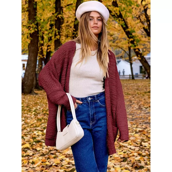 imageANRABESS Womens Open Front Fuzzy Cardigan Sweaters Batwing Sleeve Lightweight Oversized Loose Knit Sweater with PocketsWine Red