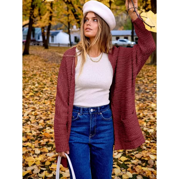 imageANRABESS Womens Open Front Fuzzy Cardigan Sweaters Batwing Sleeve Lightweight Oversized Loose Knit Sweater with PocketsWine Red