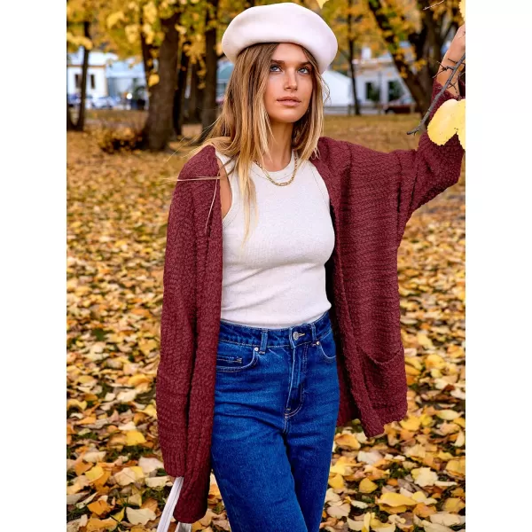 imageANRABESS Womens Open Front Fuzzy Cardigan Sweaters Batwing Sleeve Lightweight Oversized Loose Knit Sweater with PocketsWine Red