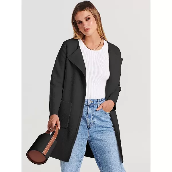 imageANRABESS Womens Open Front Knit Cardigan Long Sleeve Lapel Casual Solid Classy Sweater JacketBlack