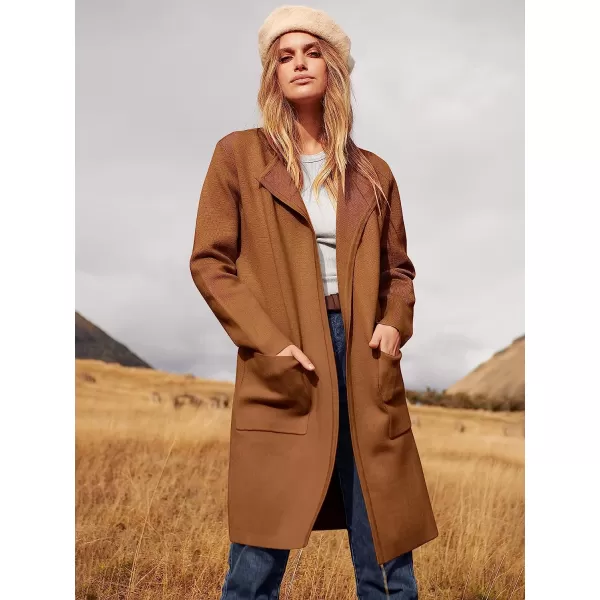 imageANRABESS Womens Open Front Knit Cardigan Long Sleeve Lapel Casual Solid Classy Sweater JacketCaramel