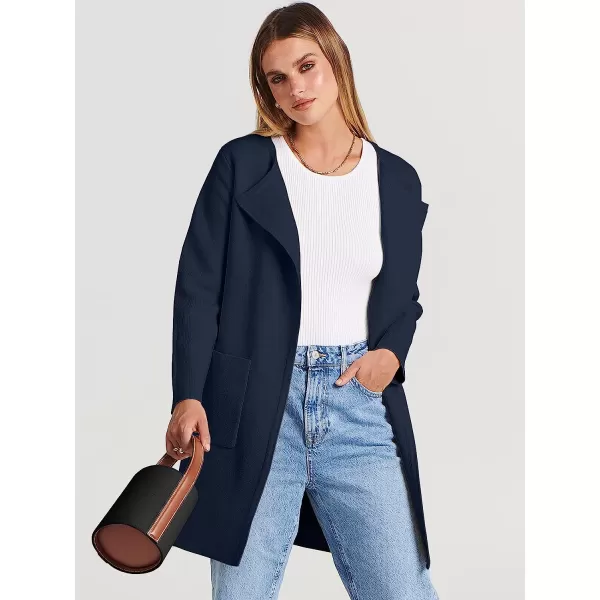 imageANRABESS Womens Open Front Knit Cardigan Long Sleeve Lapel Casual Solid Classy Sweater JacketNavy Blue