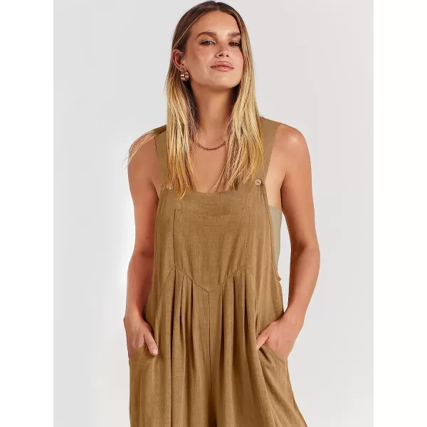 imageANRABESS Womens Overalls Jumpsuit Casual Loose Sleeveless Adjustable Straps Bib Wide Leg Outfits with PocketsKhaki