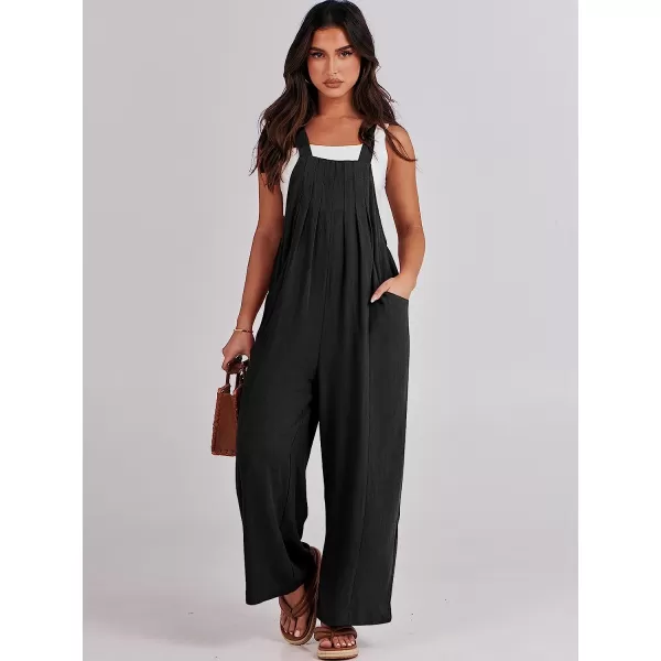 imageANRABESS Womens Overalls Jumpsuit Casual Loose Sleeveless Adjustable Tie Straps Bib Wide Leg Outfits with PocketsBlack