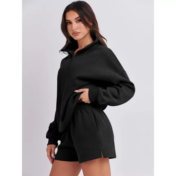 imageANRABESS Womens Oversized 2 Piece Lounge Sets Fall Outfits 2023 Long Sleeve Cozy Casual Pajamas Short Sweatsuit Sets01black