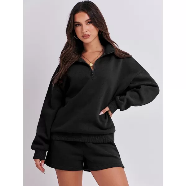 imageANRABESS Womens Oversized 2 Piece Lounge Sets Fall Outfits 2023 Long Sleeve Cozy Casual Pajamas Short Sweatsuit Sets01black