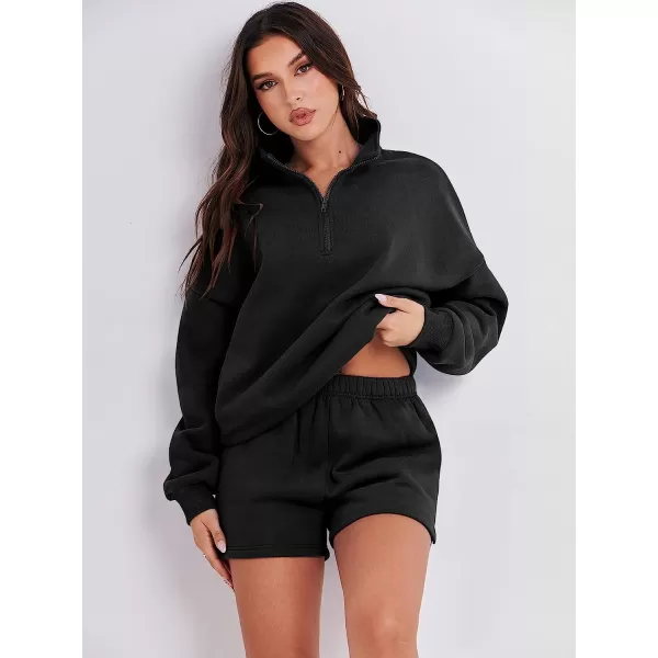 imageANRABESS Womens Oversized 2 Piece Lounge Sets Fall Outfits 2023 Long Sleeve Cozy Casual Pajamas Short Sweatsuit Sets01black