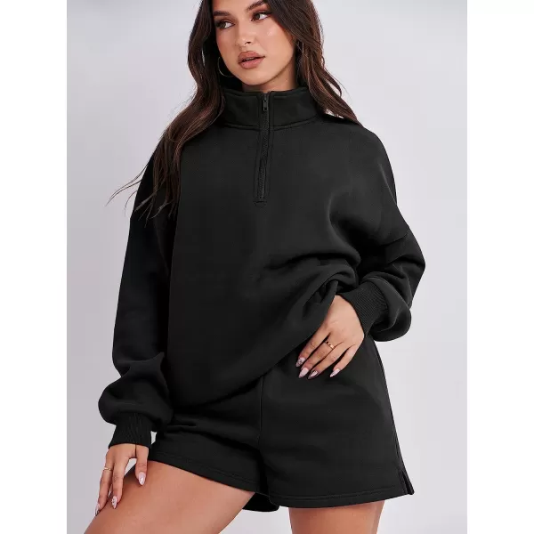 imageANRABESS Womens Oversized 2 Piece Lounge Sets Fall Outfits 2023 Long Sleeve Cozy Casual Pajamas Short Sweatsuit Sets01black