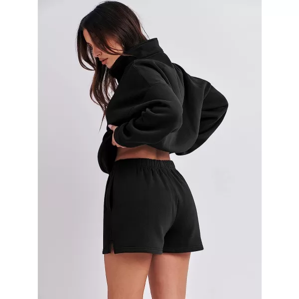 imageANRABESS Womens Oversized 2 Piece Lounge Sets Fall Outfits 2023 Long Sleeve Cozy Casual Pajamas Short Sweatsuit Sets01black
