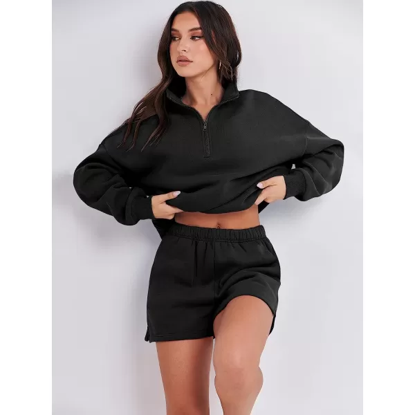 imageANRABESS Womens Oversized 2 Piece Lounge Sets Fall Outfits 2023 Long Sleeve Cozy Casual Pajamas Short Sweatsuit Sets01black