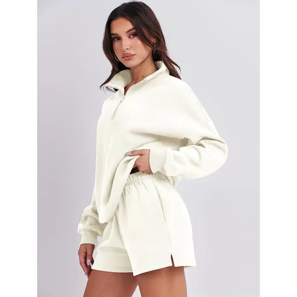 imageANRABESS Womens Oversized 2 Piece Lounge Sets Fall Outfits 2023 Long Sleeve Cozy Casual Pajamas Short Sweatsuit Sets02white