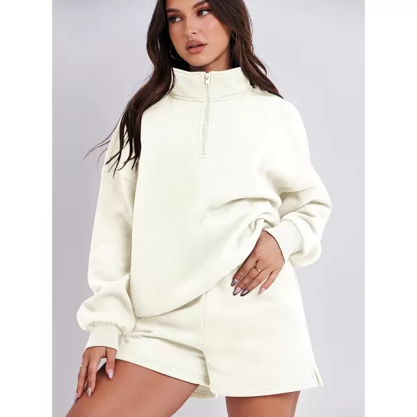 imageANRABESS Womens Oversized 2 Piece Lounge Sets Fall Outfits 2023 Long Sleeve Cozy Casual Pajamas Short Sweatsuit Sets02white