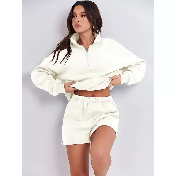 imageANRABESS Womens Oversized 2 Piece Lounge Sets Fall Outfits 2023 Long Sleeve Cozy Casual Pajamas Short Sweatsuit Sets02white