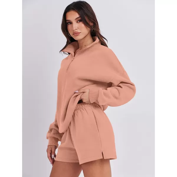 imageANRABESS Womens Oversized 2 Piece Lounge Sets Fall Outfits 2023 Long Sleeve Cozy Casual Pajamas Short Sweatsuit Sets04rust