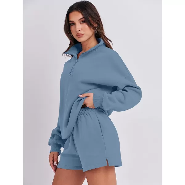 imageANRABESS Womens Oversized 2 Piece Lounge Sets Fall Outfits 2023 Long Sleeve Cozy Casual Pajamas Short Sweatsuit Sets06blue