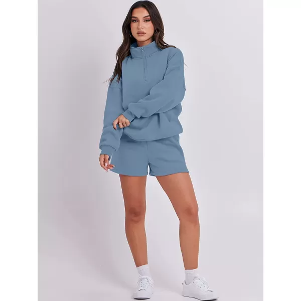 imageANRABESS Womens Oversized 2 Piece Lounge Sets Fall Outfits 2023 Long Sleeve Cozy Casual Pajamas Short Sweatsuit Sets06blue