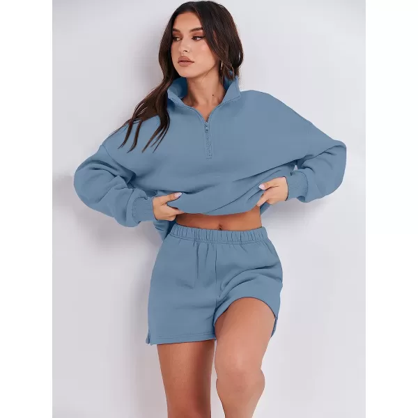 imageANRABESS Womens Oversized 2 Piece Lounge Sets Fall Outfits 2023 Long Sleeve Cozy Casual Pajamas Short Sweatsuit Sets06blue