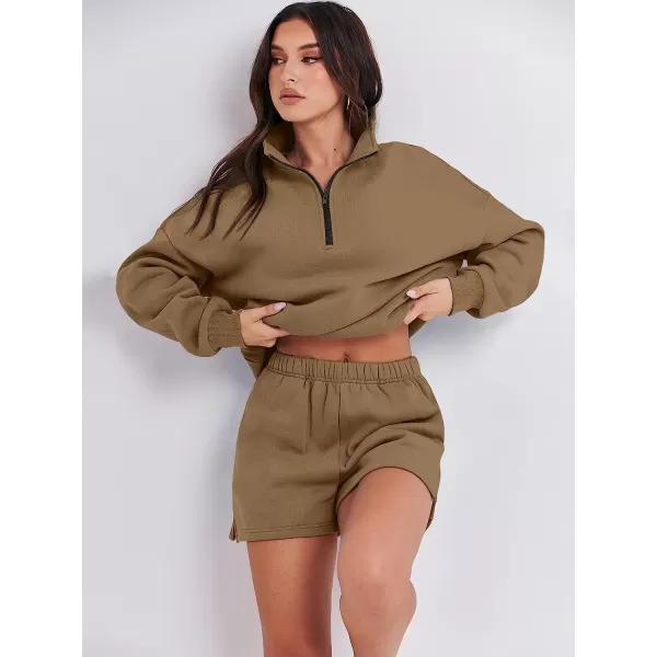 imageANRABESS Womens Oversized 2 Piece Lounge Sets Fall Outfits 2023 Long Sleeve Cozy Casual Pajamas Short Sweatsuit Sets09brown