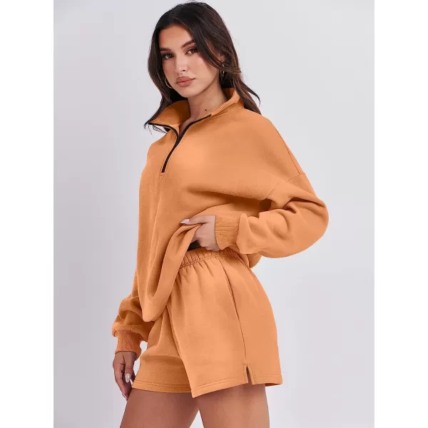 imageANRABESS Womens Oversized 2 Piece Lounge Sets Fall Outfits 2023 Long Sleeve Cozy Casual Pajamas Short Sweatsuit Sets13orange