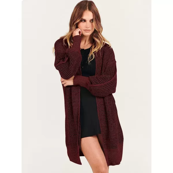 imageANRABESS Womens Oversized Cardigan Sweater Long Sleeve Open Front Chunky Waffle Knit Ribbed Hem Coatigan OutwearBurgundy