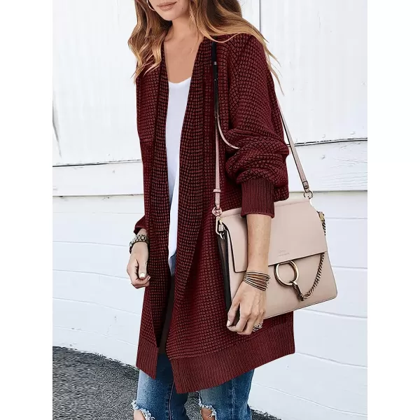 imageANRABESS Womens Oversized Cardigan Sweater Long Sleeve Open Front Chunky Waffle Knit Ribbed Hem Coatigan OutwearBurgundy