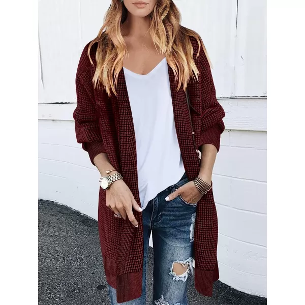 imageANRABESS Womens Oversized Cardigan Sweater Long Sleeve Open Front Chunky Waffle Knit Ribbed Hem Coatigan OutwearBurgundy